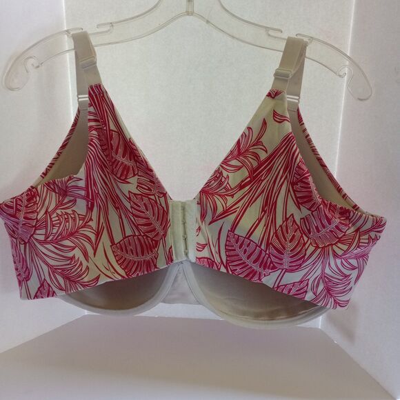 Cacique 46DDD Lightly Lined Full Coverage 4 Hook Pink White Leaves Plus Size - Picture 2 of 9